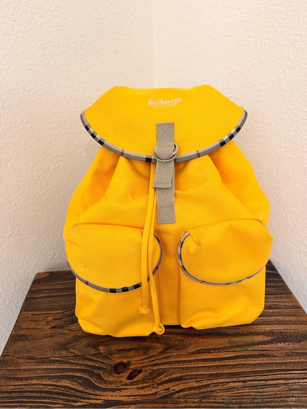 Burberrys Vintage Fragrances Canvas Backpack – Bright Yellow Nova Check Trim